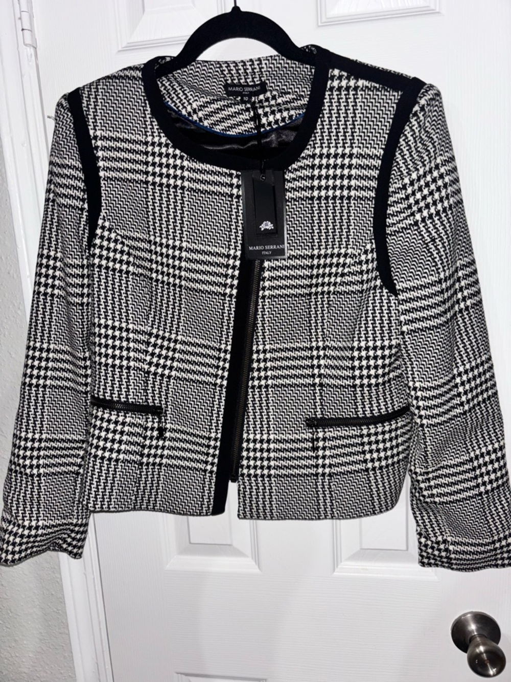 Mario Serrani Black and White Plaid Tweed Zip Jacket